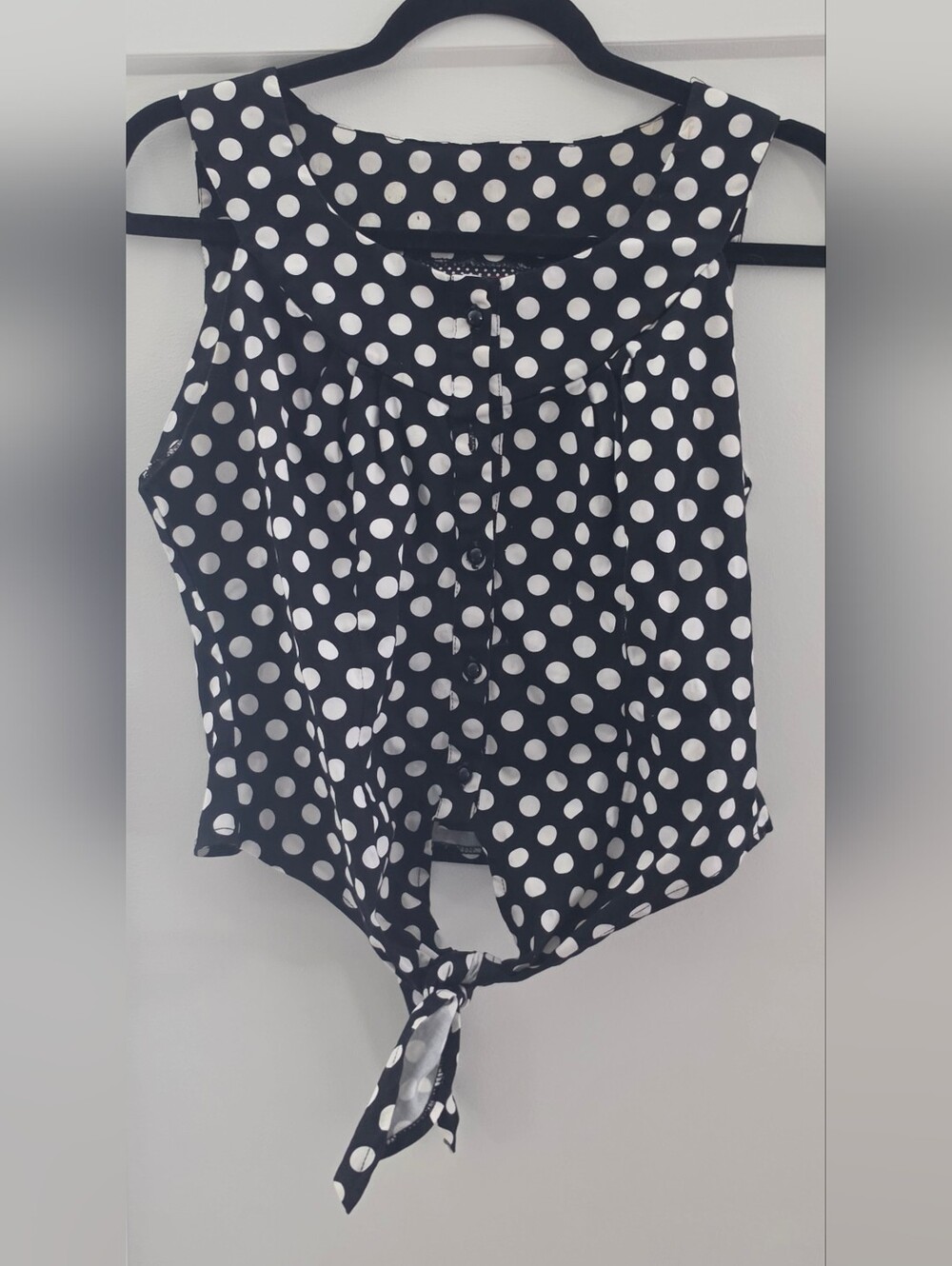 Black and White Polka Dot Tie-Front Sleeveless Top